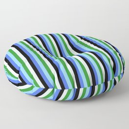 [ Thumbnail: Eyecatching Royal Blue, Sky Blue, Forest Green, Light Cyan, and Black Colored Lines/Stripes Pattern Floor Pillow ]