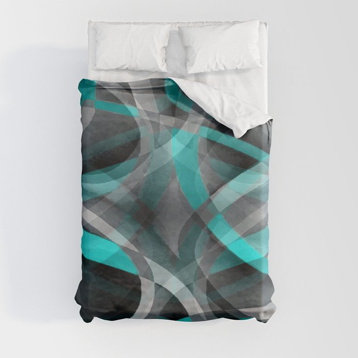 Eighties Turquoise On Grey Abstract Curve Pattern Duvet Cover