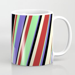 [ Thumbnail: Green, Slate Blue, Black, Light Yellow, and Red Colored Stripes Pattern Coffee Mug ]