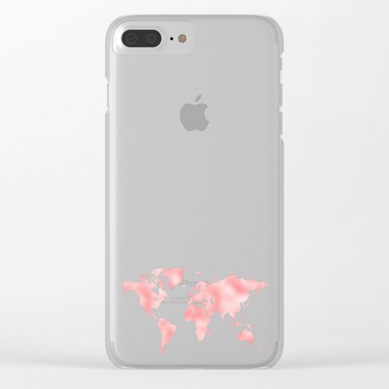 Pink Shiny Metal Foil Rose Gold World Map Clear iPhone Case