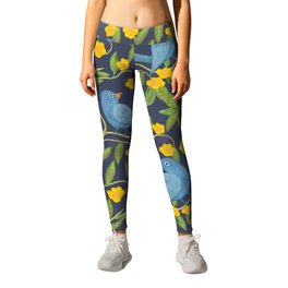 Blue birds on tree branches with yellow flowers seamless pattern Leggings