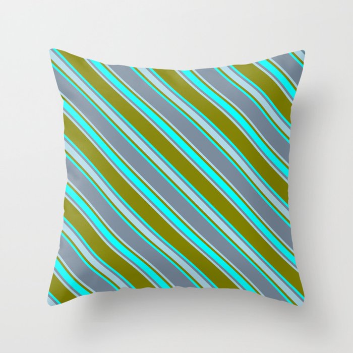 Green, Cyan, Light Slate Gray & Light Blue Colored Stripes Pattern Throw Pillow