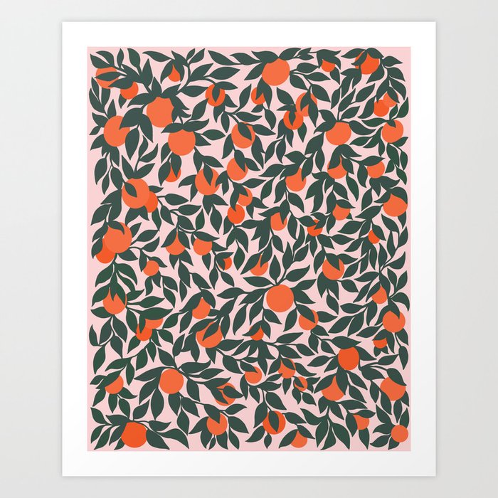 Oranges and Leaves Pattern - Pink Art Print