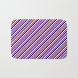 [ Thumbnail: Chocolate, Orchid, Blue, Mint Cream, and Medium Slate Blue Colored Lines Pattern Bath Mat ]
