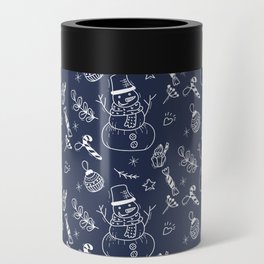 Navy Blue and White Christmas Snowman Doodle Pattern Can Cooler