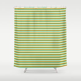 [ Thumbnail: Light Yellow, Dark Goldenrod & Aquamarine Colored Striped Pattern Shower Curtain ]