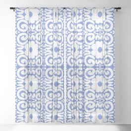 Retro Daisy Flower Lace White On Blue Sheer Curtain