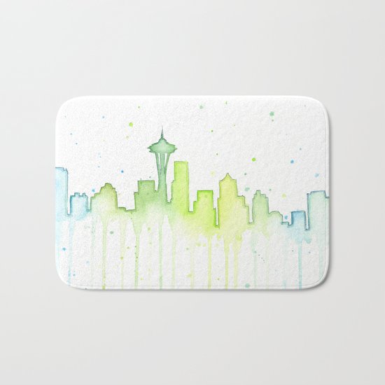 Seattle Skyline Watercolor Space Needle Painting Bath Mat