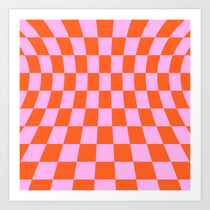 Warped Checker Pattern, Pink and Orange Art Print