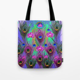 Blue Green Peacock Feathers Lavender Orchid Patterns Art Tote Bag