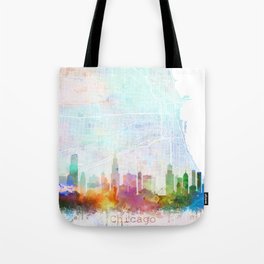 Chicago Skyline & Map Watercolor, Print by Zouzounio Art Tote Bag