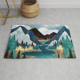 River Vista Rug | Teal, Forest, Nature, Green, Valley, Waves, Digital, Trees, Gold, Mountains 