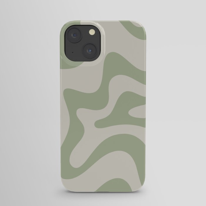 Retro Liquid Swirl Abstract Pattern Square Sage Green and Almond Beige iPhone Case
