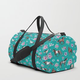 Horse Pattern, Floral Print, Turquoise, Little Girls Room, Horses Duffle Bag