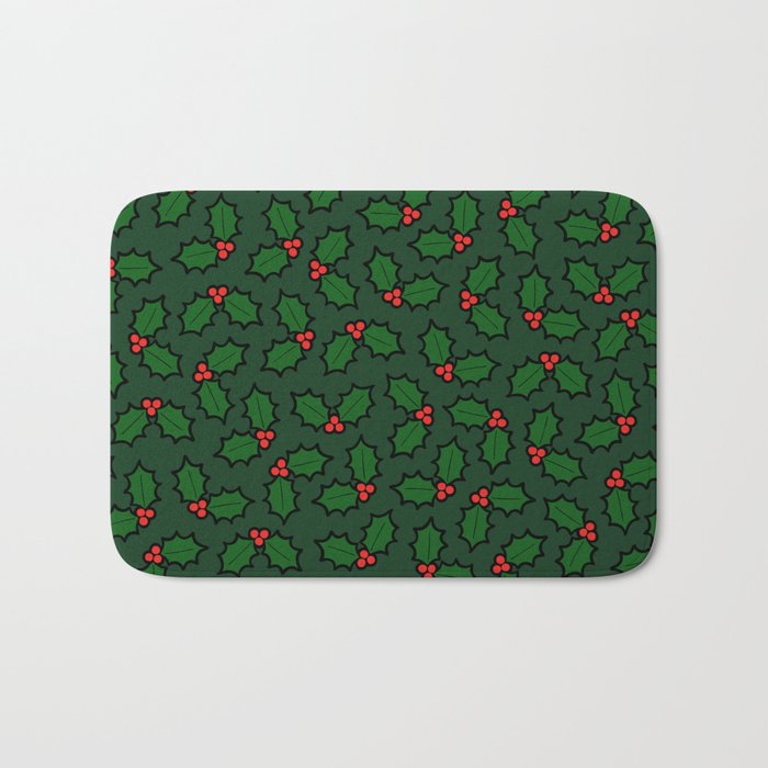 Holly Leaves And Berries Pattern In Dark Green Bath Mat By