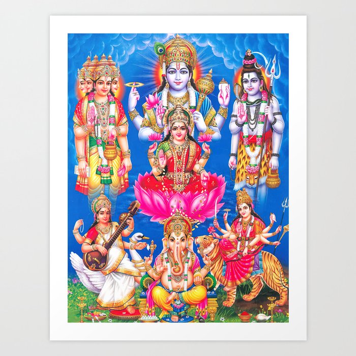 Lakshmi showering money with Ganesha, Saraswati, Shiva, Vishnu, and Durga  Art Print