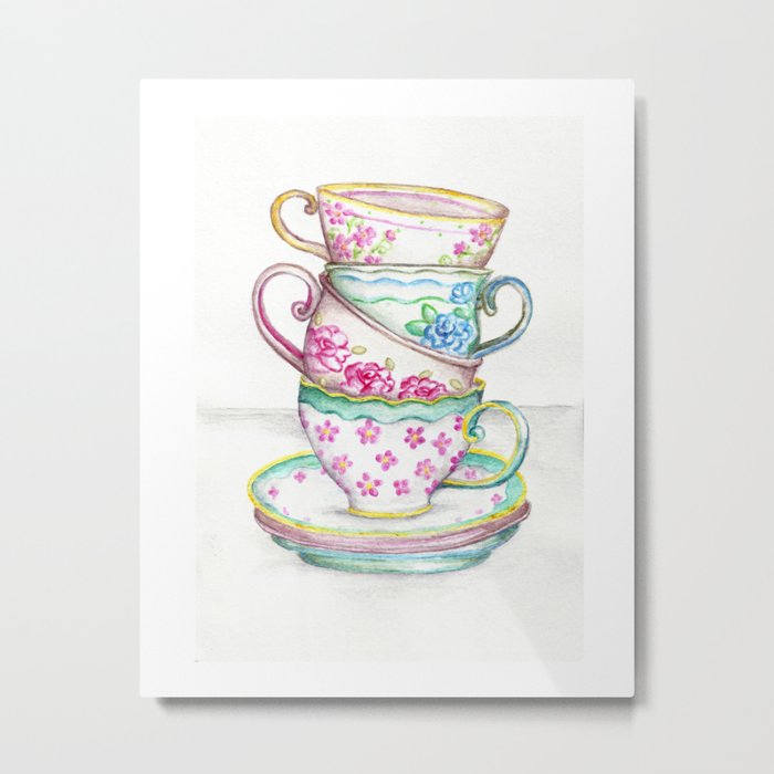 Tea Cup Art Kitchen Watercolor Painting Drawing Metal Print By
