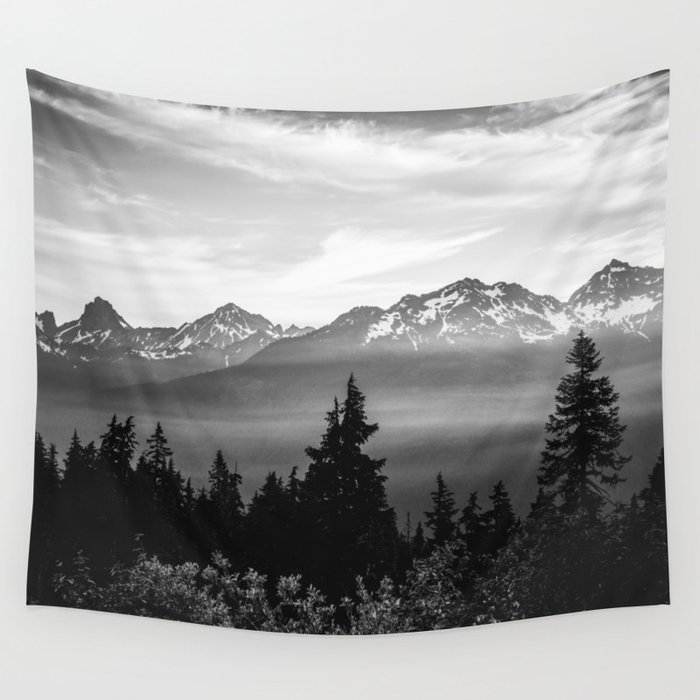 Morning in the Mountains Black and White Wall Tapestry