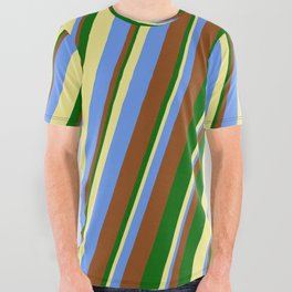 [ Thumbnail: Tan, Cornflower Blue, Brown, and Dark Green Colored Lines/Stripes Pattern All Over Graphic Tee ]