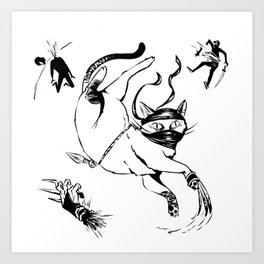 Ninja Cat Art Print | Cat, Tekko Kagi, Catnip, Drawing, Shozoku, Warrior, Bellyrubs, Kunaiknife, Whiskers, Sai 
