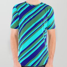 [ Thumbnail: Sea Green, Cyan, and Dark Blue Colored Lines/Stripes Pattern All Over Graphic Tee ]