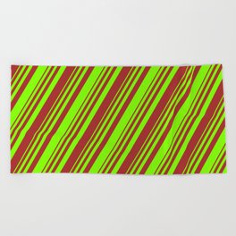 [ Thumbnail: Chartreuse and Brown Colored Stripes/Lines Pattern Beach Towel ]