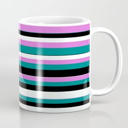 [ Thumbnail: Orchid, Teal, Black, and Mint Cream Colored Striped/Lined Pattern Coffee Mug ]