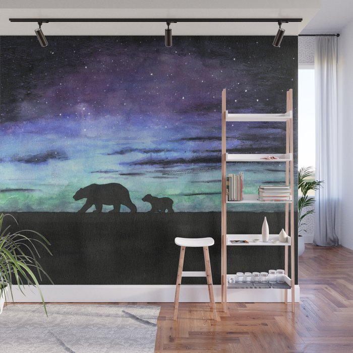 Aurora borealis and polar bears (black version) Wall Mural