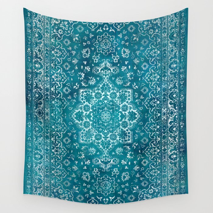 PERSIAN CARPET MONOCHROME TEAL HEAVY DISTRESSED Wall Tapestry