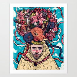Happy new year - Man with flower wreath and deer on his head Art Print