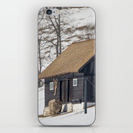 Old mountain house with Carpathian mountains in the background iPhone Skin
