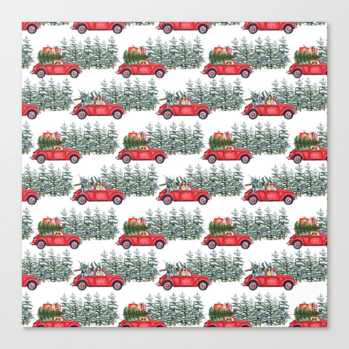 Corgis in car in winter forest Canvas Print