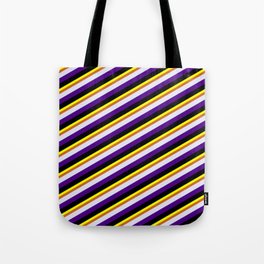 [ Thumbnail: Yellow, Chocolate, Lavender, Indigo, and Black Colored Lined Pattern Tote Bag ]