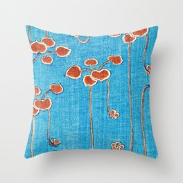 Red Flowers on Turquoise Vintage Japanese Floral Print Throw Pillow