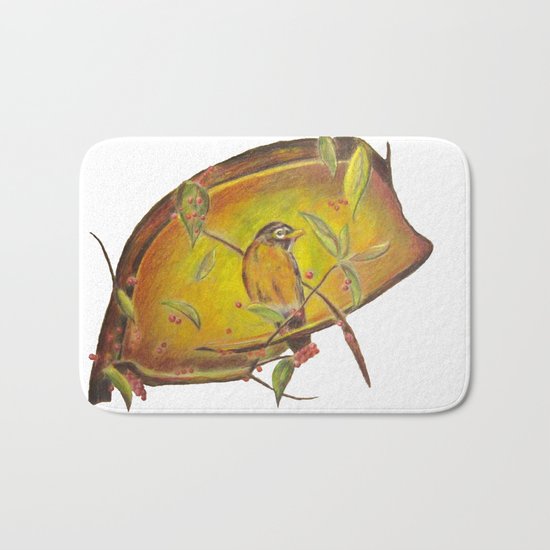 Festive Christmas Bird on a Berry Tree for Autumn and the Holidays Bath Mat