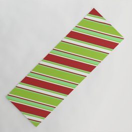 [ Thumbnail: Red, Light Green, Green & Mint Cream Colored Lines Pattern Yoga Mat ]