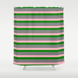 [ Thumbnail: Gray, Light Pink & Green Colored Lines/Stripes Pattern Shower Curtain ]