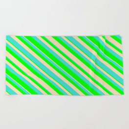 [ Thumbnail: Turquoise, Lime & Tan Colored Lined Pattern Beach Towel ]