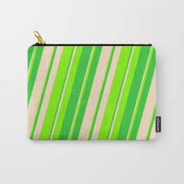 [ Thumbnail: Bisque, Chartreuse, and Lime Green Colored Striped Pattern Carry-All Pouch ]