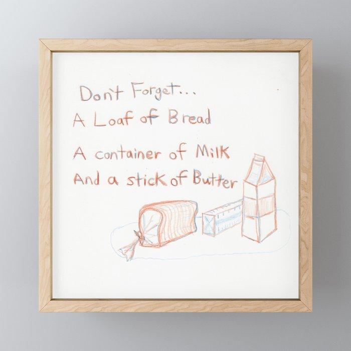 Loaf of Bread, a container of milk, and a stick of butter Framed Mini Art Print
