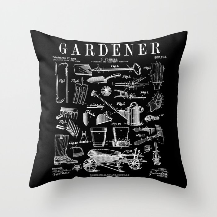 Gardener Gardening Garden Plant Tools Vintage Patent Print Throw Pillow