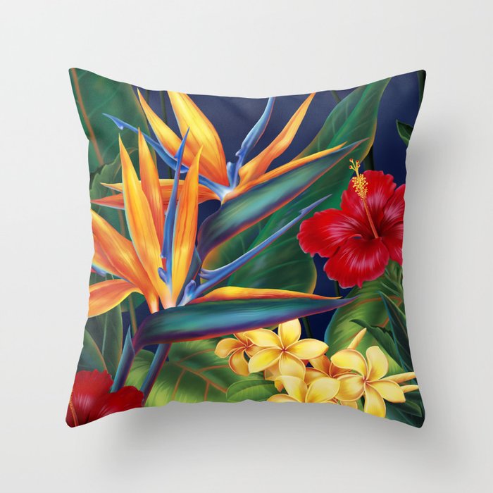 Tropical Paradise Hawaiian Floral Illustration Throw Pillow