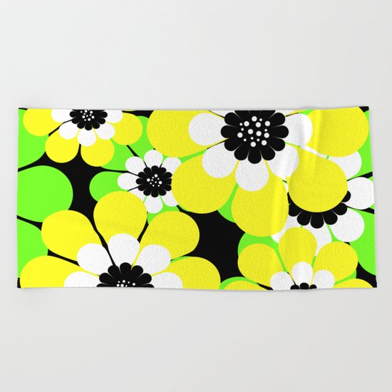 Yellow green bright floral pattern . Beach Towel