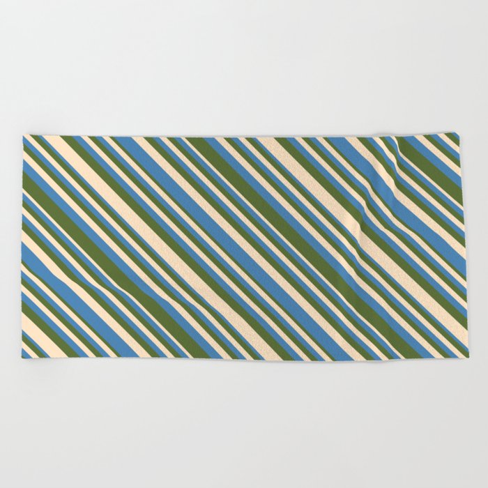 Bisque, Blue, and Dark Olive Green Colored Lines/Stripes Pattern Beach Towel