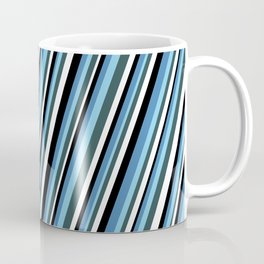 [ Thumbnail: Eyecatching Blue, Sky Blue, Dark Slate Gray, White, and Black Colored Stripes Pattern Coffee Mug ]