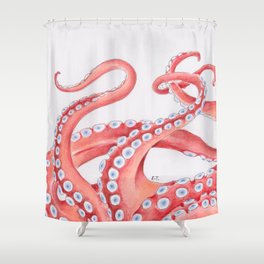 Red Tentacles Octopus Watercolor Ink Shower Curtain