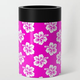 Neon Pink and White Hibiscus Pattern Can Cooler