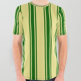 [ Thumbnail: Tan and Dark Green Colored Lined/Striped Pattern All Over Graphic Tee ]