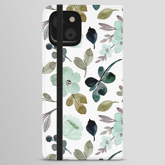 Flowers and Leaves, Watercolor Abstract Painting, Digital Art iPhone Wallet Case