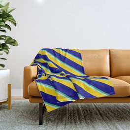 [ Thumbnail: Sea Green, Turquoise, Yellow & Blue Colored Stripes Pattern Throw Blanket ]